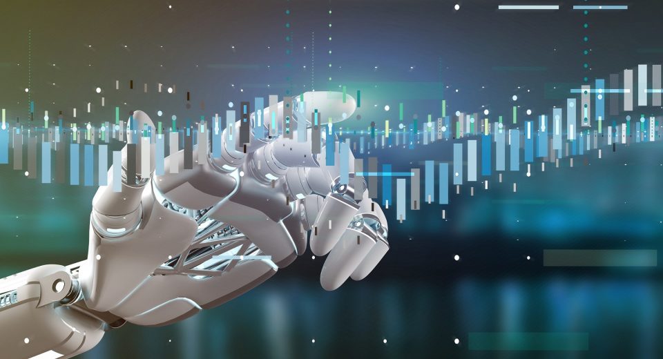 Cyborg hand holding a Business stock exchange trading data information 3d rendering